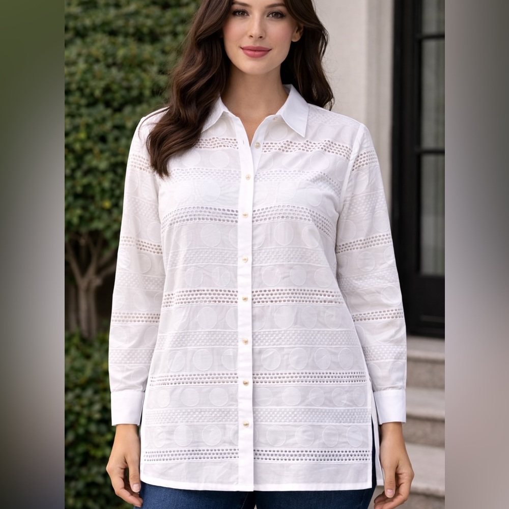 $110 Foxcroft NYC Women’s White Textured Long Sleeves Button-Up Shirt 18W NWT